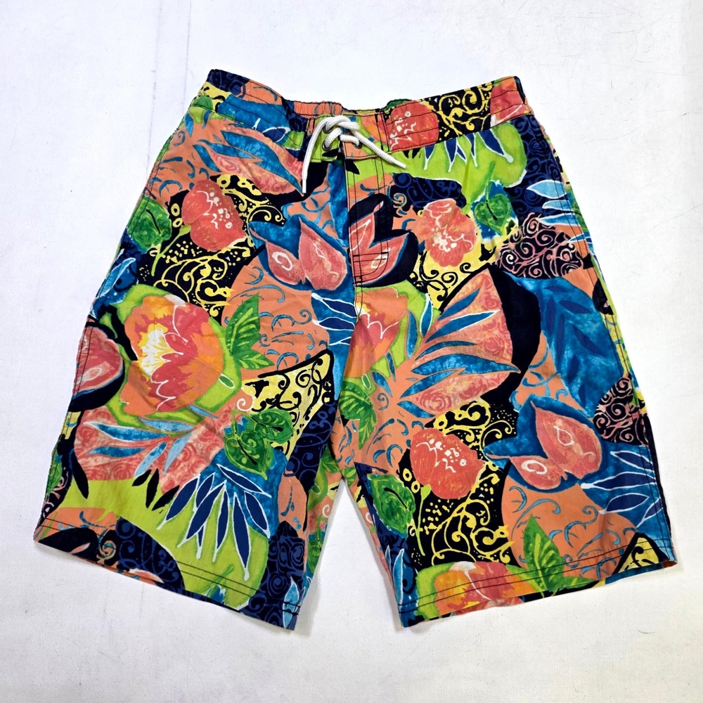 Polo Ralph Lauren Swim Trunks Boys L Blue Orange Floral Tropical Beach Shorts
